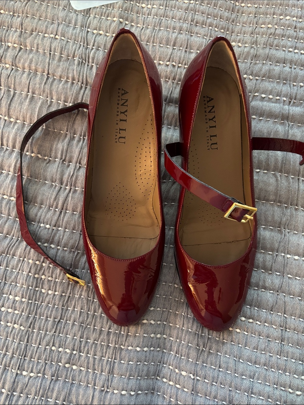 Anyi Lu Burgundy Patent Leather Mary Jane Heels